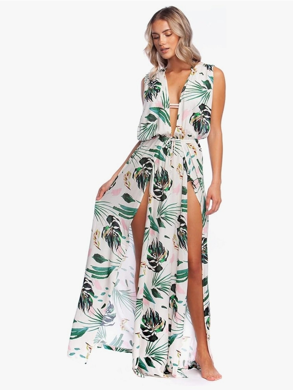 XL BCBGMaxAzria New With Tags White Dress Coverup w/ Green & Pink Tropical Print